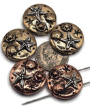 Bring seaside charm to your jewelry with these round starfish slider beads. Designed in antique silver with bronze and copper finishes, each bead features raised starfish and seashell detailing. The double-hole slider style keeps strands aligned and secure, perfect for chokers, bracelets, and artisan necklaces. Great for bohemian jewelry, handmade beach gifts, or nautical collections inspired by the ocean.