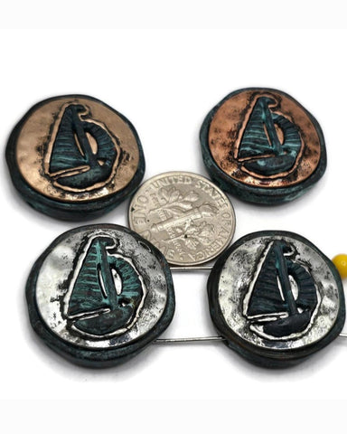 2 hole Slider Beads (Qty 4) Metal Sailboat Boat Design for Beading, Crafting or Jewelry Making into Necklaces or Bracelets 695-M14
