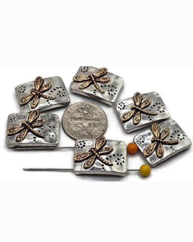 2 hole slider beads (Qty 6) Dragonfly Focal Silver Metal Jewelry Making, Crafting or Beading into Necklaces Bracelets or Earrings 690-M18
