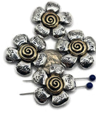 These inspiring flower slider beads are perfect for meaningful boho jewelry. Designed in antique silver with bronze-gold spiral centers, their engraved petals feature positive affirmations: Love, Hope, Faith, Joy, Wish. The 2-hole slider style provides durability and professional balance for chokers, necklaces, or bracelets. Great for spiritual jewelry, artisan gifts, or handmade accessories that celebrate beauty, strength, and positivity.