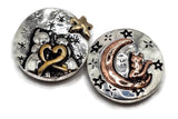 Enchanting cat and moon 2 hole slider beads designed in durable metal with two-tone finishes of silver, bronze, and gold accents. Featuring romantic cats under the stars and crescent moons, these beads are perfect focal points in handmade jewelry such as necklaces and bracelets.