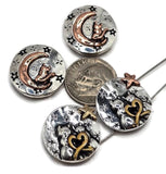 This package includes round 2 hole slider beads with celestial cat designs — one style shows a pair of cats with a golden heart under the stars, while the other has a cat resting on a crescent moon. These detailed metal beads in silver, gold, and copper finishes make ideal focal beads for bracelets or necklaces.