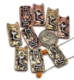 Charming cat-themed slider beads in rectangular silver metal, detailed with red and gold accents. Perfect spacer beads, focal beads, or jewelry findings for pet and cat lover creations.