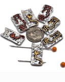 Silver rectangular 2 hole cat slider beads with embossed feline designs and heart-shaped tails in red and gold. Ideal focal beads for handmade bracelets, pendants, and necklaces.
