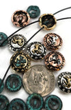 Celebrate the spirit of the West with these 2 hole Western slider beads showcasing horses and horseshoes. Available in mixed finishes of silver, bronze, copper, and turquoise enamel, they measure 10mm and 12mm, making them compact yet detailed accents. Their two-hole design ensures stability in multi-strand jewelry, perfect for rustic bracelets, cowboy chokers, and equestrian-inspired necklaces. Essential for artisans who make country-style jewelry or Western fashion accessories.