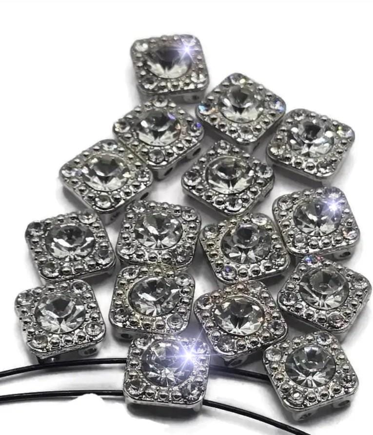 2 hole slider beads (Qty 16) Great for Jewelry Making and Bracelets, Silver with Clear Rhinestones 468