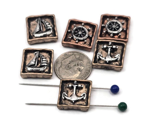 Nautical mix set of 2 hole slider beads featuring three motifs: silver sailboat, ship wheel, and anchor framed in rustic square bezels. Antique copper/brass bases with raised silver icons create a mixed‑metal look. Dual holes keep focals flat and secure on leather, cord, or chain—ideal for bracelets, chokers, pendants, and earrings. Non‑tarnish plating. Dime‑scale size. Package includes 6 assorted sliders as shown.