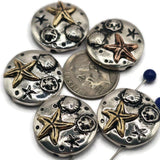 Design jewelry full of coastal magic with these starfish slider beads. Made in antique silver with bronze and copper details, they showcase raised shells and starfish for a rustic seaside look. The 2-hole slider construction ensures balance and durability for chokers, multi-strand bracelets, and necklaces. Perfect for bohemian designs, summer accessories, and handmade nautical gifts inspired by the ocean.