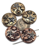These starfish and seashell slider beads are perfect for coastal-inspired designs. Each round bead features raised starfish and shell motifs in antique silver with bronze and copper accents. The 2-hole slider construction ensures cords stay flat and secure, making them ideal for bracelets, chokers, and necklaces. Excellent for beach jewelry, boho creations, or artisan gifts for ocean lovers.