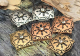 Vintage-meets-modern sliders with etched sunbursts and bright crystal centers. The softly squared profile gives these metal beads a substantial, sculptural feel, while mixed-metal finishes offer styling flexibility. Exceptional as focal beads in artisan projects, they provide texture, shine, and timeless appeal. Durable, high-quality metal findings with purposeful patina for depth. Two-hole design ensures a clean, professional look in finished jewelry.