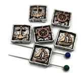 Vintage‑style nautical 2 hole slider beads featuring crisp anchors, ship wheels, and sailboats. The recessed backgrounds and raised icons create striking depth, while the antiqued silver and bronze palette delivers timeless appeal. Use as statement focal beads for bracelet builds or as pendant centers on necklaces. Unique beads and dependable metal findings that capture coastal themes with a refined, handcrafted look.