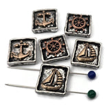 Set the tone with nautical 2 hole slider beads—anchors for strength, wheels for adventure, sailboats for easy breezes. Each square bead pairs a weathered silver base with warm bronze relief, revealing rich dimension in photos. Great focal beads for bracelets and necklace pendants. Unique beads and reliable metal findings that bring a storybook harbor vibe to artisan designs.