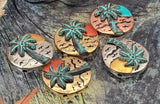 Tropical palm tree 2 hole slider beads with sunset scene. Round medallion face shows palm, horizon lines, and sun in mixed metals. Use as focal beads for bracelets or as necklace pendants. Etsy/eBay tags: palm charm bead, beach vacation bead, ocean bead, island bead, boho summer jewelry supplies, metal slider beads.