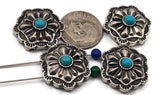 Statement concho beads in silver with turquoise cab centers. The bold petal layers and oxidized detailing read clearly from thumbnail to closeup. Use as focal beads for bracelet designs or pendant features on necklaces. Keywords: turquoise concho focal, western concho charm bead, silver slider bead, boho cowgirl jewelry supplies.