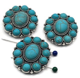 Large turquoise concho 2 hole slider beads with oval center cabochon and halo of round faux turquoise set in antique silver. True slide double‑strand design with small parallel holes for fine beading wire, FireLine, or micro cord (not leather/chain). Bold round focal beads for bracelets and chokers. Jewelry making supplies, components parts, unique spacer/filler DIY. Set of 3 statement sliders.