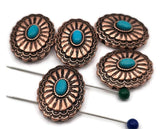 Copper concho 2 hole slider beads with faux turquoise oval cabochon. Antique copper metal beads, oval rosette focal beads, double 2‑strand slide, small‑hole components for bracelets necklaces chokers. Jewelry making supplies parts, unique spacer filler DIY, bulk wholesale metal findings, cheap sliderbeads, artisan beads, Southwestern concho beads, oval copper focal, online bead shop components.