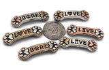 Dog bone 2 hole slider beads, puppy paw print beads, LOVE BARK charms, silver gold copper mixed metal. Double 2‑strand slide spacers for bracelets necklaces chokers; small‑hole beads for fine beading wire/FireLine. Pet lover jewelry supplies, components parts, unique spacer filler DIY, bulk wholesale metal findings, cheap sliderbeads, artisan dog beads, rescue gift charms, online bead shop.