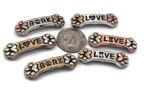 Dog bone 2 hole slider beads, puppy paw print beads, LOVE BARK charms, silver gold copper mixed metal. Double 2‑strand slide spacers for bracelets necklaces chokers; small‑hole beads for fine beading wire/FireLine. Pet lover jewelry supplies, components parts, unique spacer filler DIY, bulk wholesale metal findings, cheap sliderbeads, artisan dog beads, rescue gift charms, online bead shop.