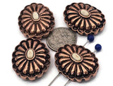 Copper rosette 2‑hole sliders—domed petal medallions with ivory cabochon. Double 2‑strand slide bars keep strands flat for professional bracelets and chokers. Small‑hole beads for thin wire/thread only. Essential jewelry making components parts, artisan focal beads, Southwestern/boho style, wholesale metal findings, online bead shop supplies.