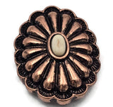 Round copper rosette sliders with raised petals; center ivory cabochon. Slide double strand construction; small holes keep delicate strands aligned. Perfect focal beads for cuffs and chokers. Jewelry making components parts, artisan beads, unique spacer filler DIY, wholesale metal findings, cheap 2‑hole sliderbeads.