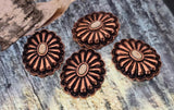Copper rosette focal beads with domed petal texture and neutral cabochon center. 2‑hole sliders for double‑strand layouts; maintains a flat, professional fit. Small‑hole beads, not for leather. Jewelry making supplies, components parts, artisan beads, unique spacer filler, wholesale metal, cheap sliderbeads.