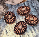 Vintage‑style copper concho beads with ivory cabochon, rope and scallop detailing. Two small parallel holes create balanced double‑strand designs. Ideal focal sliders for bracelet stacks and short necklaces. Keywords: copper focal beads, rosette sliders, 2 hole slider beads, jewelry making supplies, components parts, wholesale metal, cheap sliderbeads.
