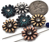 Floral 2‑hole slider beads with rhinestone centers—mix of silver, copper, gold, and teal patina. Small‑hole channels suit 0.015–0.018&quot; beading wire or braided thread. Use as bracelet focal beads, necklace bar connectors, or decorative spacers. Great for spring jewelry making, garden party accessories, and Etsy listings.