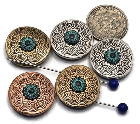 Round mandala 2‑hole slider beads with a raised turquoise‑patina bloom at center. Antique silver, copper, and brass tones show off the geometric rings. True double‑strand components: two small parallel holes keep thin strands aligned—perfect for 0.015–0.018&quot; beading wire, FireLine, or micro cord (not leather/chain). Ideal focal beads for boho bracelets, chokers, and pendant bars.