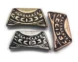 Curved tribal bar sliders in mixed metal finishes. Two small holes keep delicate strands aligned for a flat, comfortable fit. Pair with turquoise howlite, jasper, lava, bone, or wood heishi for a southwestern look. Not sized for leather or chain. Great focal beads for men’s and women’s bracelets.