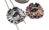 Bring a nature‑inspired vibe with verdigris sunflower 2‑hole sliders. The coin‑style profile sits flat and centered, making quick, professional bracelets and chokers. Mix silver and copper blooms for artisan stacks, or spotlight a single flower as a pendant bar centerpiece. Great for garden‑theme gifts and cottagecore accessories.