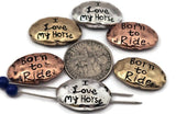 These oval message sliders are ready for horse‑lover bracelets. The recessed lettering reads clearly in photos and sits flat on double strands. Use as focal slider beads, strand separators, or structured spacers in bead‑loom cuffs. Create quick gift sets for trainers, riders, and horse moms.