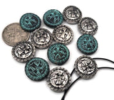 Round 2‑hole slider beads featuring embossed knotwork reminiscent of ancient Celtic and Norse symbols. Antique silver with verdigris wash adds dimension and authenticity. These make perfect pendant bar connectors, double‑strand spacers, and bracelet focal beads. Ideal for boho accessories, cosplay jewelry, and heritage gift sets.