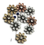 Celebrate positivity in jewelry design with these daisy slider beads. Featuring words of inspiration engraved on each petal, they shine in antique silver, copper, and brass finishes with crystal rhinestone centers. Their dual‑hole structure provides perfect alignment, making them excellent focal links in bracelets, chokers, or necklaces. Ideal for artisan, bohemian, or faith‑based jewelry collections highlighting joy and meaning.