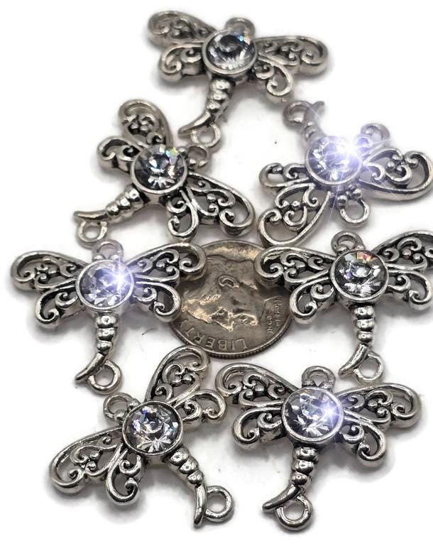 Connector Dragonfly Beads (8 pc) in Silver that are Great for Beading, Bracelet and Necklace Design and Crafting with Rhinestone 232-H8