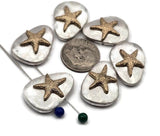 Beachy and bright, these starfish 2 hole slider beads feature textured gold-tone starfish on smooth, pebble-shaped silver ovals. Dual holes keep the focal flat and secure on leather, cord, or chain—perfect for bracelets, chokers, pendants, earrings, and rings. Durable, non‑tarnish mixed‑metal finish for everyday wear. Package includes 5 matching sliders for quick coastal gift making and summer listings.