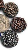Earthy teal patina meets metallic shine in these mandala 2 hole beads. The layered medallion motif offers texture without bulk, and the dual holes align multi‑strand designs beautifully. Use as focal sliders or accents in Southwestern, gypsy, and festival jewelry. Non‑tarnish mixed‑metal finish. Set of six round sliders.