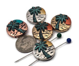Palm tree coin beads with sunset design. Two-hole slider construction, antique silver/copper/brass with turquoise patina. Great for beach bracelets and vacation necklace pendants. Keywords: seaside bead, island charm bead, palm bead slider, beachy focal bead, tropical jewelry supplies, round metal bead.