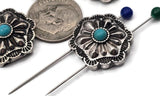 Turquoise concho coin sliders in oxidized silver. The domed rosette and beaded bezel frame a vivid blue cabochon, giving classic southwest style. Two holes ensure a neat, face-forward fit. Great focal beads for bracelets and necklace pendants. Keywords: southwest concho bead, turquoise cabochon bead, rustic silver bead, western jewelry components.