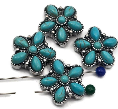 Bright turquoise blossom 2 hole slider beads with an antique silver finish. Each flower shows six smooth teardrop petals around a domed center, framed by dotted borders for western concho vibes. A vivid blue pop makes an instant focal bead for bracelets, necklaces, earrings, rings, zipper pulls, and candle decor. Southwest style, boho floral charm, turquoise focal that photographs beautifully.