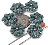 Western flower slider beads with 2 holes make bracelet and hatband building easy. Each floral concho-style slider features turquoise-look petals with antique silver details. Use as 2-hole slider beads for leather cuffs, loom bracelets, micro-macramé, and watch bands. Great for Southwestern jewelry making, bolo ties, and concho belts. Slide onto two strands for straight alignment and a secure fit that won’t spin.