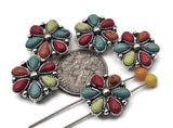 Concho-inspired multicolor flower 2-hole sliders designed for bracelets and necklace chokers. The dual-hole construction keeps patterns centered and flat. Use as focal beads on leather cuffs, loom or peyote bands, and layered gemstone strands. These metal beads also work as large spacer beads in Western necklaces. Must-have findings for Southwestern jewelry and cowgirl accessories.