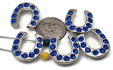 Country‑western rhinestone beads shaped like horseshoes. Vivid blue crystals pop against polished silver. Dual small holes align seed‑bead strands and thin cord for a sleek finish. Ideal for cowgirl gifts, barrel‑racing bracelets, and “something blue” wedding jewelry. Pack of five 2‑hole sliders.