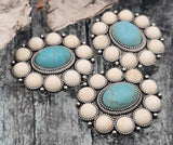 Big rosette 2‑hole slider beads featuring faux turquoise ovals framed by cream cabochons. Double‑strand slide channels keep designs balanced in bracelets and chokers. Small‑hole beads for beading wire/threads. Essential jewelry making supplies: components parts, bulk wholesale metal findings, cheap sliderbeads for DIY kits. Eye‑catching focal beads.