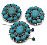 These turquoise concho slide beads feature a domed center stone surrounded by matching mini cabochons in an antique‑silver frame. Two small holes align thin strands for a professional, no‑twist fit. Use as statement focal beads or big spacers in bracelets and necklaces. Perfect jewelry making supplies: components parts, unique sliderbeads, online bead shop wholesale.