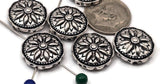 Add floral texture with these antique‑silver round 2‑hole sliders. The mandala flower top and scalloped sides make beautiful focal beads. Small parallel holes fit fine wire/thread only. Perfect for bracelets, chokers, anklets, and earrings. Keywords: silver metal beads, flower beads, 2 hole slider beads, double strand slide, jewelry making supplies, unique spacer filler.