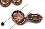 Antique copper oval concho 2‑hole sliders with scalloped rosette design and turquoise cabochon. Double‑strand slide beads, small‑hole components for bracelets necklaces. Silver/copper mix friendly, jewelry making supplies, components parts, artisan beads, unique spacer filler, cheap sliderbeads, bulk wholesale metal, online bead shop, Southwestern focal beads.