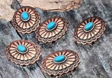 Copper rosette focal beads, turquoise oval center, scalloped layers. 2 hole slider beads, slide double strand, small hole beads for fine wire/FireLine. Jewelry making supplies parts, artisan concho beads, unique spacer filler DIY, bulk wholesale metal findings, cheap sliderbeads, bracelets necklaces chokers.