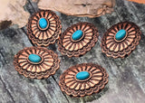 Turquoise copper concho beads—oval rosette medallions with rope edge. 2‑hole slider beads, slide double strand, small holes for fine beading wire. Jewelry making supplies, components parts, bracelet focal, necklace focal, artisan beads, unique spacer filler, bulk wholesale metal, cheap sliderbeads, online bead shop copper beads.