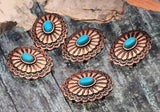Copper oval concho 2 hole sliders, textured scallop petals, turquoise center. Double‑strand slide beads; small‑hole components for bracelets chokers. Jewelry making supplies, components parts, focal metal DIY, artisan beads, cheap sliderbeads, unique spacer filler, Southwestern copper focal, bulk wholesale metal findings.