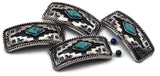 Long rectangle 2 hole slider beads with turquoise diamond cabochon, antique silver metal with black enamel accents and rope edge. Southwest geometric cutout pattern. Double‑strand slide, small‑hole components for bracelets, chokers, and pendant bars. Jewelry making supplies, components parts, unique spacer filler DIY, bulk wholesale metal, cheap sliderbeads, artisan focal beads.